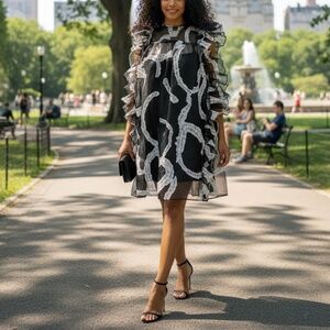 # A062  Nancy Black & White Ruffle Dress – Size Large NWT